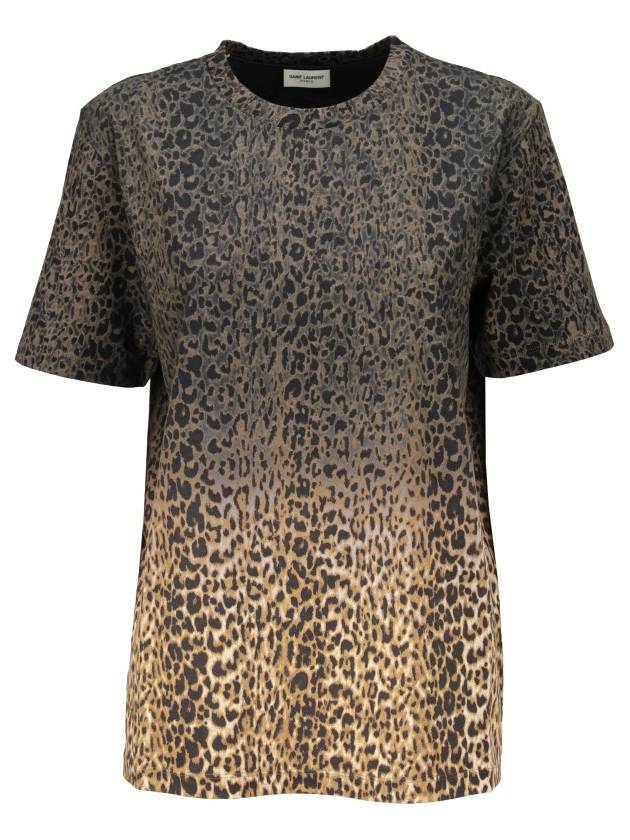 Saint Laurent Women's Leopard Tie Dye Short Sleeve T-Shirt Brown