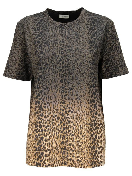 Saint Laurent Women's Leopard Tie Dye Short Sleeve T-Shirt Brown