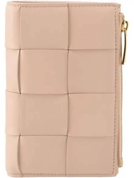 Bottega Veneta Intrecciato Flap Zipper Medium Bicycle Wallet Pink