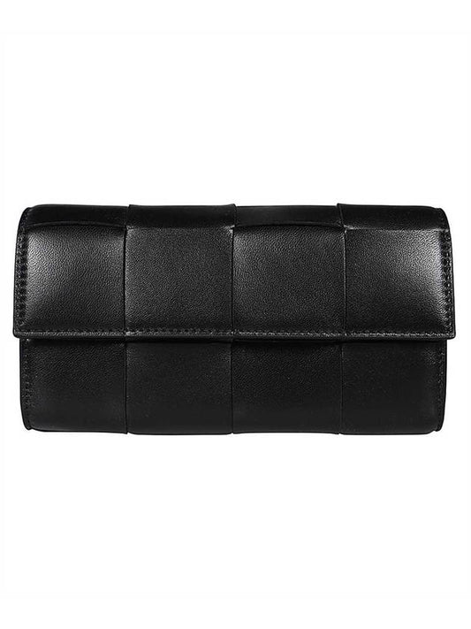 Bottega Veneta Cassette Flap Leather Long Wallet Black