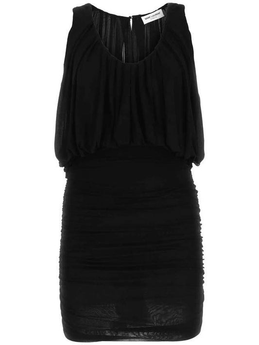 Saint Laurent Women's Draped Sleeveless Jersey Mini Dress Black
