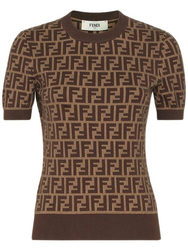 Fendi FF Cotton Crew Neck Short-Sleeved Knit Top Brown