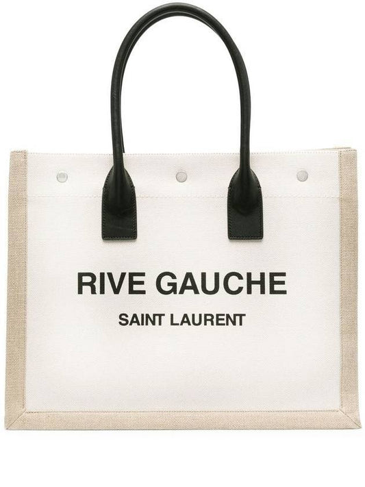 Saint Laurent Rive Gauche Logo Linen Leather Small Tote Bag Beige