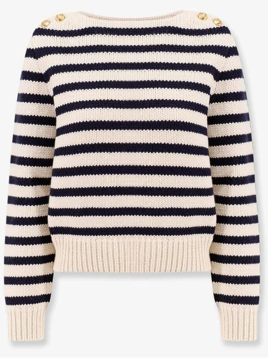 CELINE Marinière Boat Neck Knit Top Navy Off White