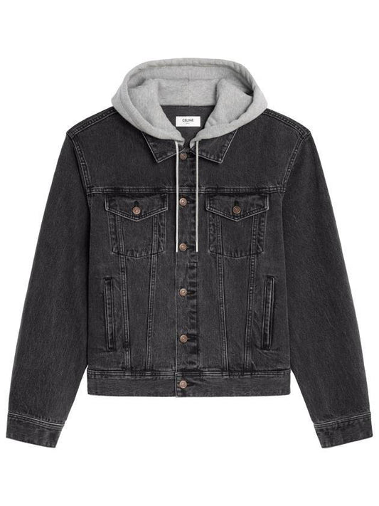 CELINE Logo Hooded Trucker Denim Jacket Charcoal Wash