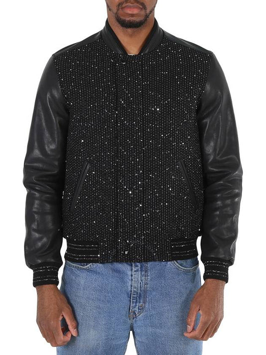 Saint Laurent Saint Laurent Black Glitter Detail Leather Jacket, Brand Size 50