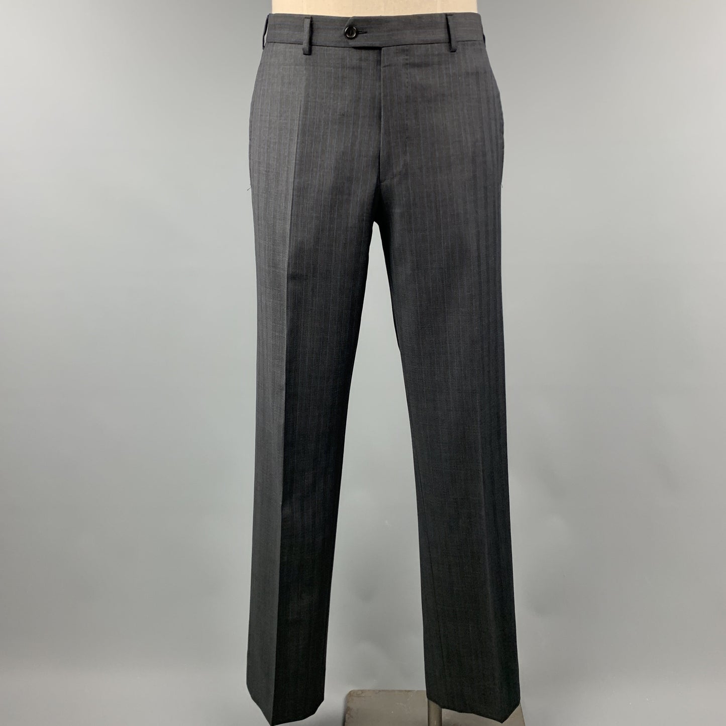 PRADA 42 Long Charcoal Stripe Wool 36 x 34 Suit