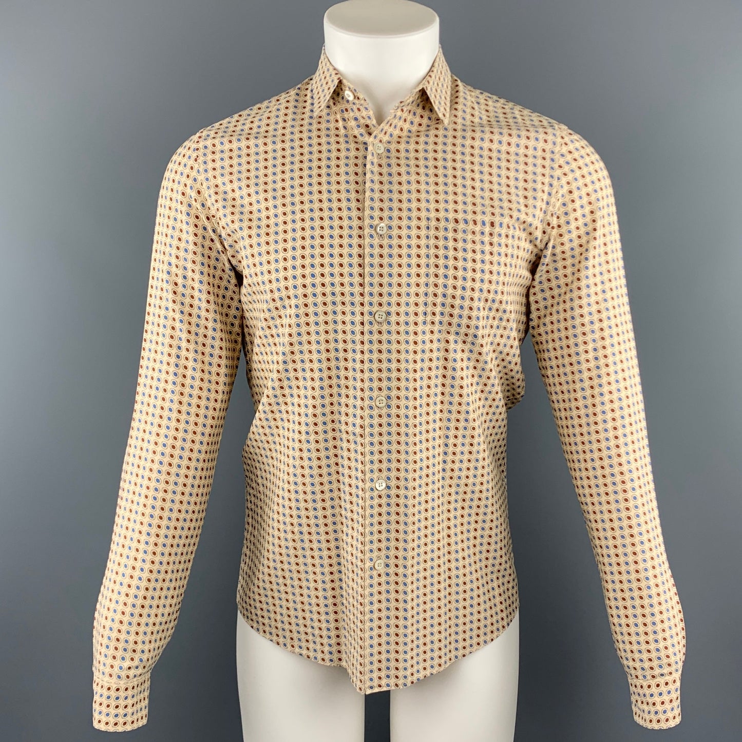 PRADA Size S Khaki Print Cotton Button Up Long Sleeve Shirt
