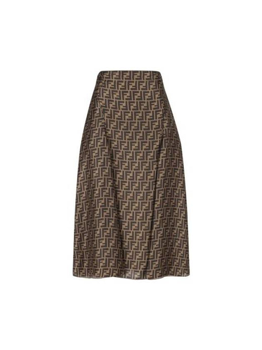 Fendi FF Motif Silk Twill A-line Skirt Brown