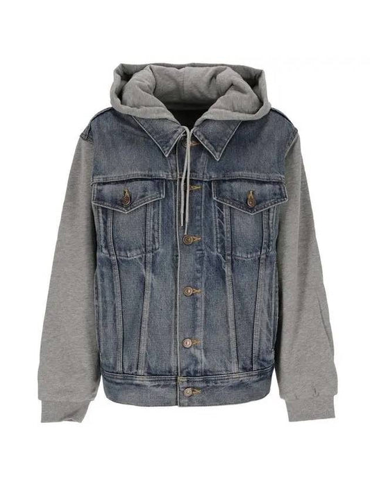 CELINE Logo Union Wash Denim Trucker Hooded Jacket Blue