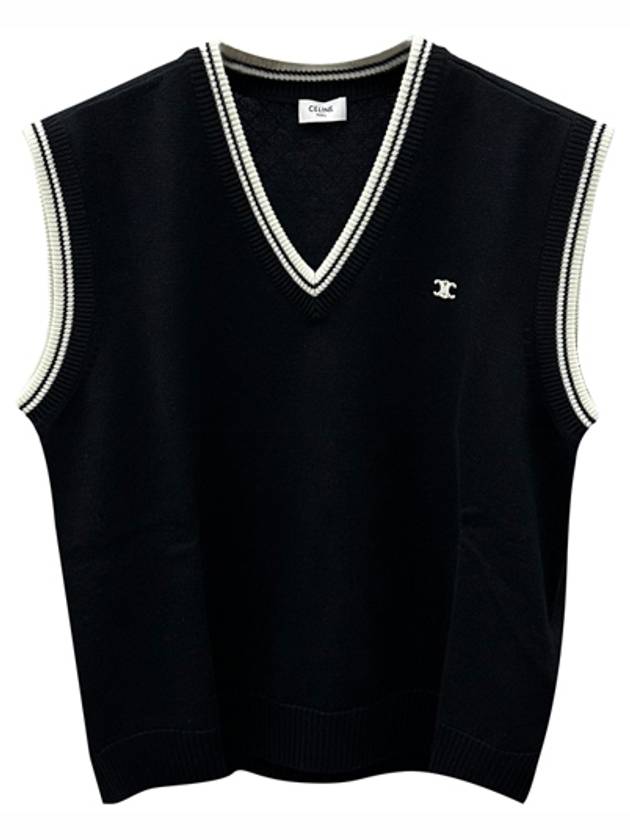 CELINE Triomphe V-Neck Knit Wool Vest Black
