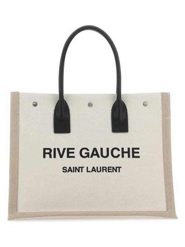 Saint Laurent Rive Gauche Logo Linen Leather Small Tote Bag Beige