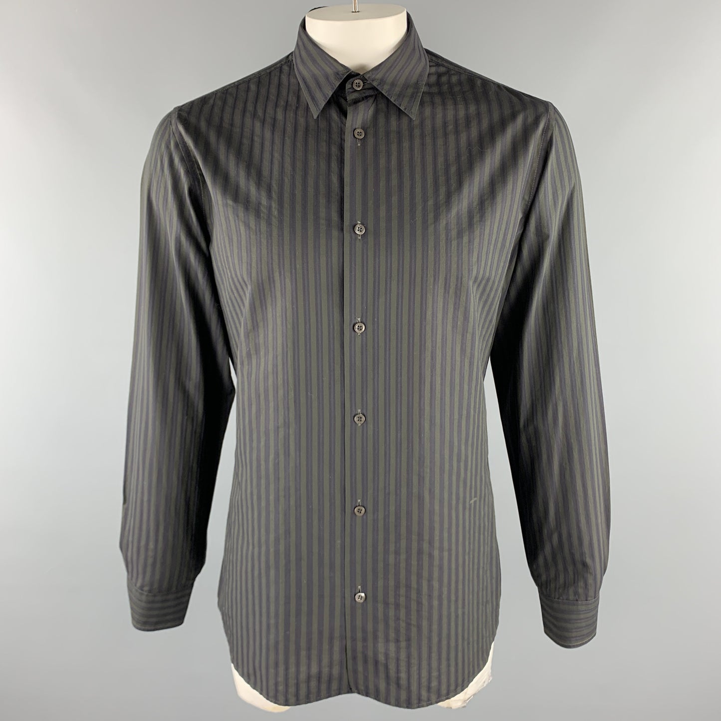 PRADA Size L Gray & Navy Stripe Cotton Button Up Long Sleeve Shirt