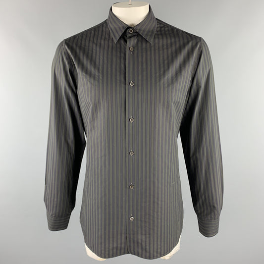 PRADA Size L Gray & Navy Stripe Cotton Button Up Long Sleeve Shirt