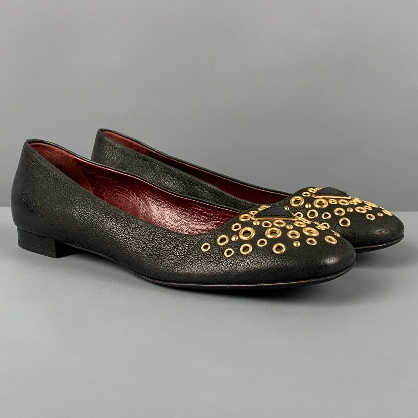 Vintage PRADA Size 6.5 Black Leather Grommet Flats