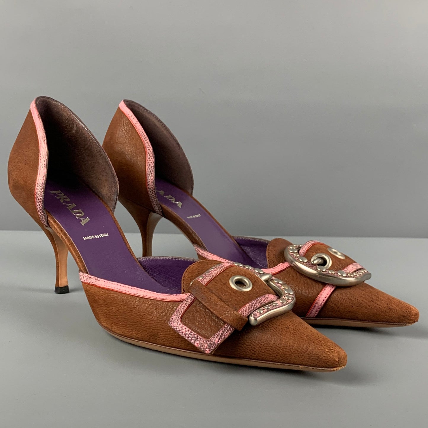 PRADA Size 6 Brown Rose Leather Pointed Toe Pumps