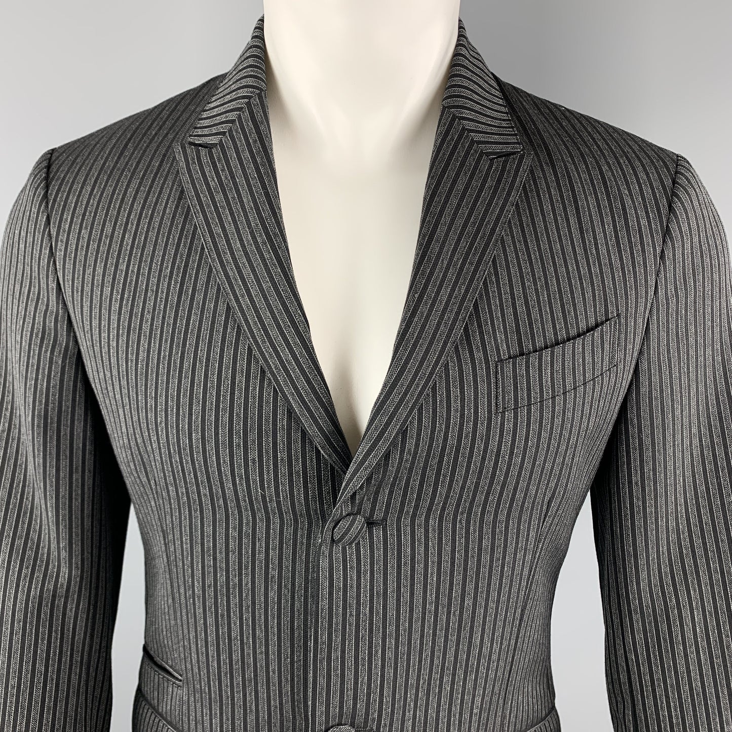 PRADA Size 38 Charcoal & Black Vertical Stripe Wool / Mohair Peak Lapel Sport Coat