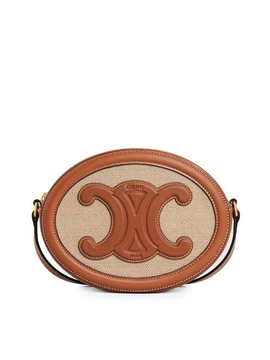 CELINE Cuir Triomphe Textile Calfskin Oval Cross Bag Natural Tan