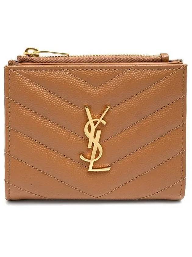 Saint Laurent Cassandre Matelasse Grain De Poudre Embossed Leather Half Wallet Brown