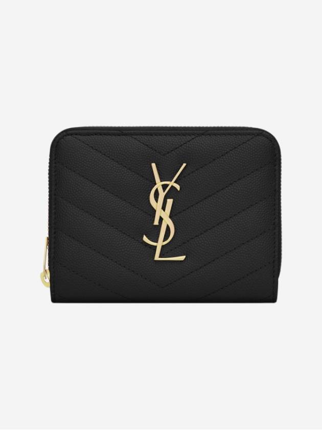 Saint Laurent Monogram Zipper Grained Leather Half Wallet Black