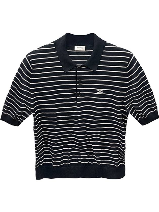 CELINE Striped Triomphe Short Sleeve Polo Shirt Black