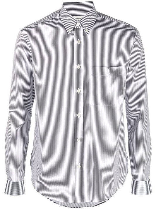Saint Laurent Striped Monogram Long Sleeve Shirt Gray