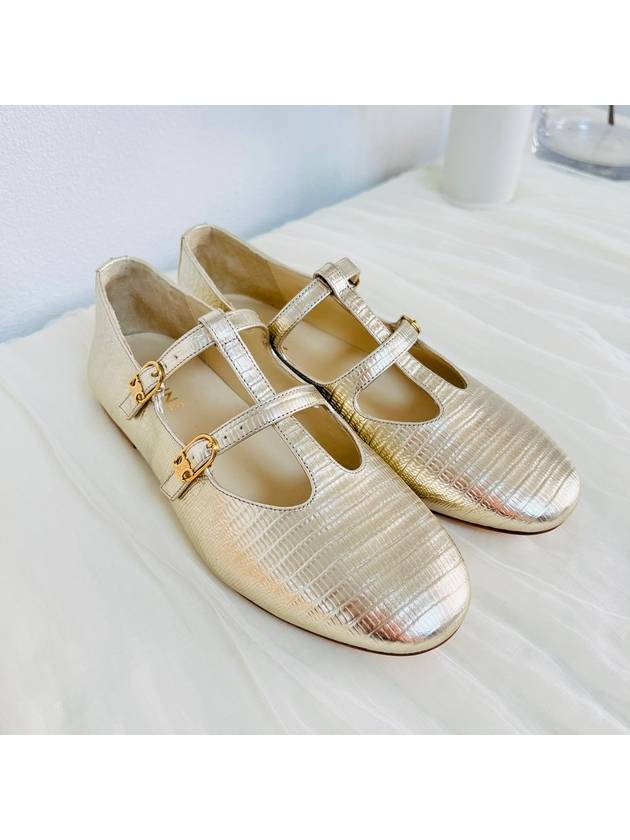CELINE Les Double Strap Lizard Stamping Metallic Calfskin Ballerinas Silver