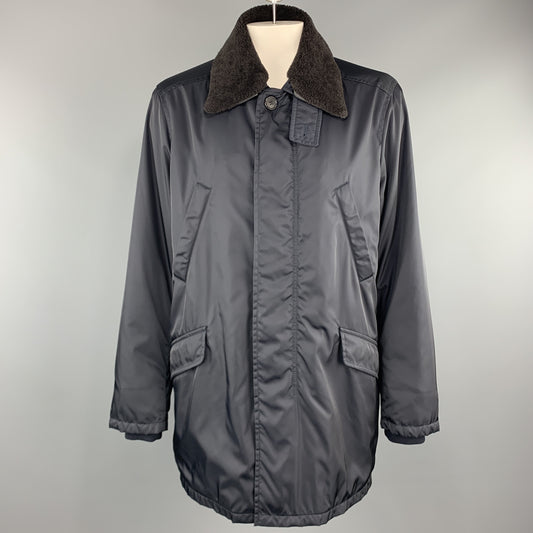 PRADA Size 46 Navy Nylon Hidden Placket Brown Lamb Shearling Collar Coat