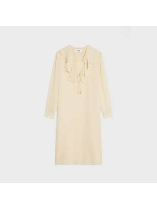 CELINE Jabot Lightweight Silk Sable Midi Dress Cream