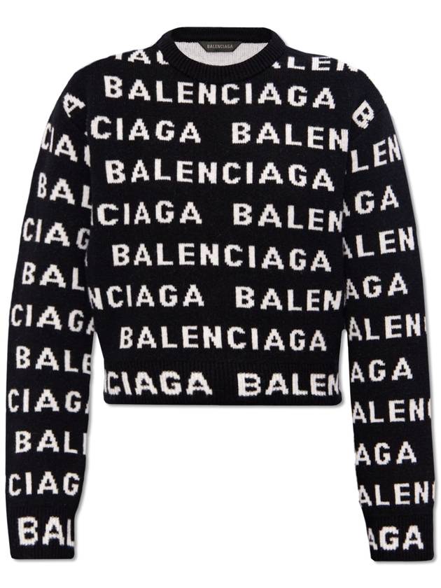 Balenciaga Intarsia All-Over Logo Crew Neck Knit Top Black