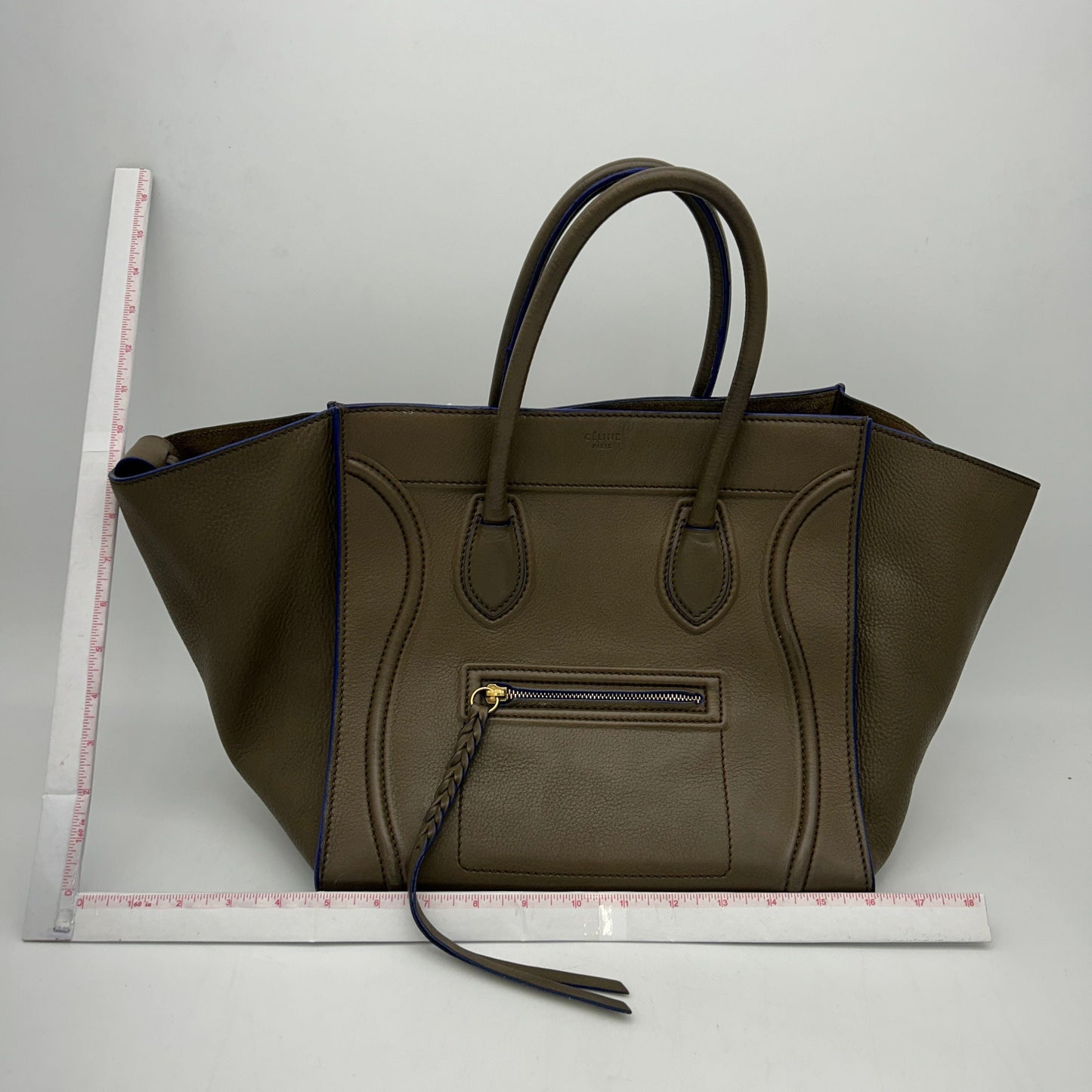 CELINE Smooth Calfskin Medium Phantom Luggage Khaki Cobalt Trim LA22130