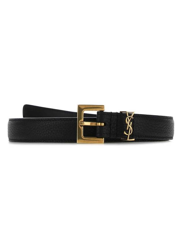 Saint Laurent Cassandre Grained Leather Square Buckle Thin Belt Black