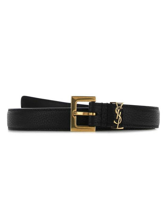 Saint Laurent Cassandre Grained Leather Square Buckle Thin Belt Black