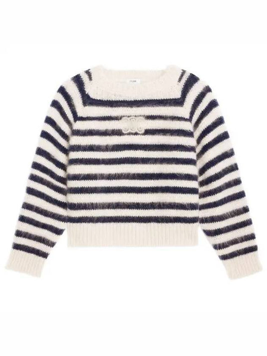 CELINE Crew Neck Marinière Mohair Knit Top Off White Navy
