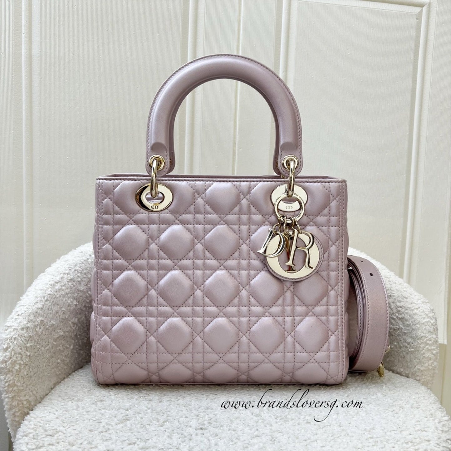 Dior Medium Lady Dior in Iridescent Lotus Pink Lambskin and LGHW (New version with Adjustable Strap)