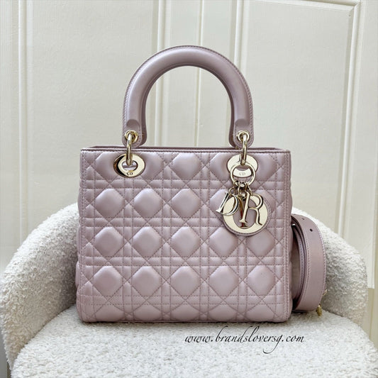Dior Medium Lady Dior in Iridescent Lotus Pink Lambskin and LGHW (New version with Adjustable Strap)