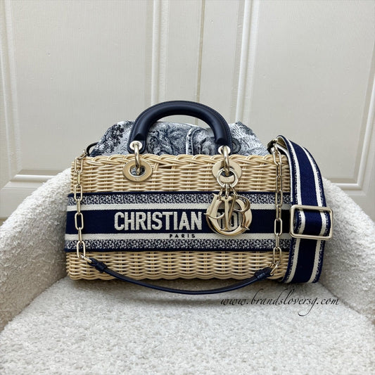 Dior Dioriviera Medium Lady D-Joy Bag in Natural Rattan and Dark Blue Toile De Jouy Interior Pouch and GHW