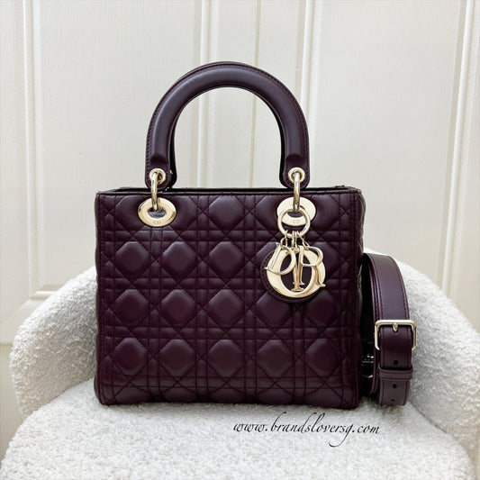 Dior Medium Lady Dior in Burgundy Lambskin and LGHW (CAL44550) (New Version with Adjustable Strap)