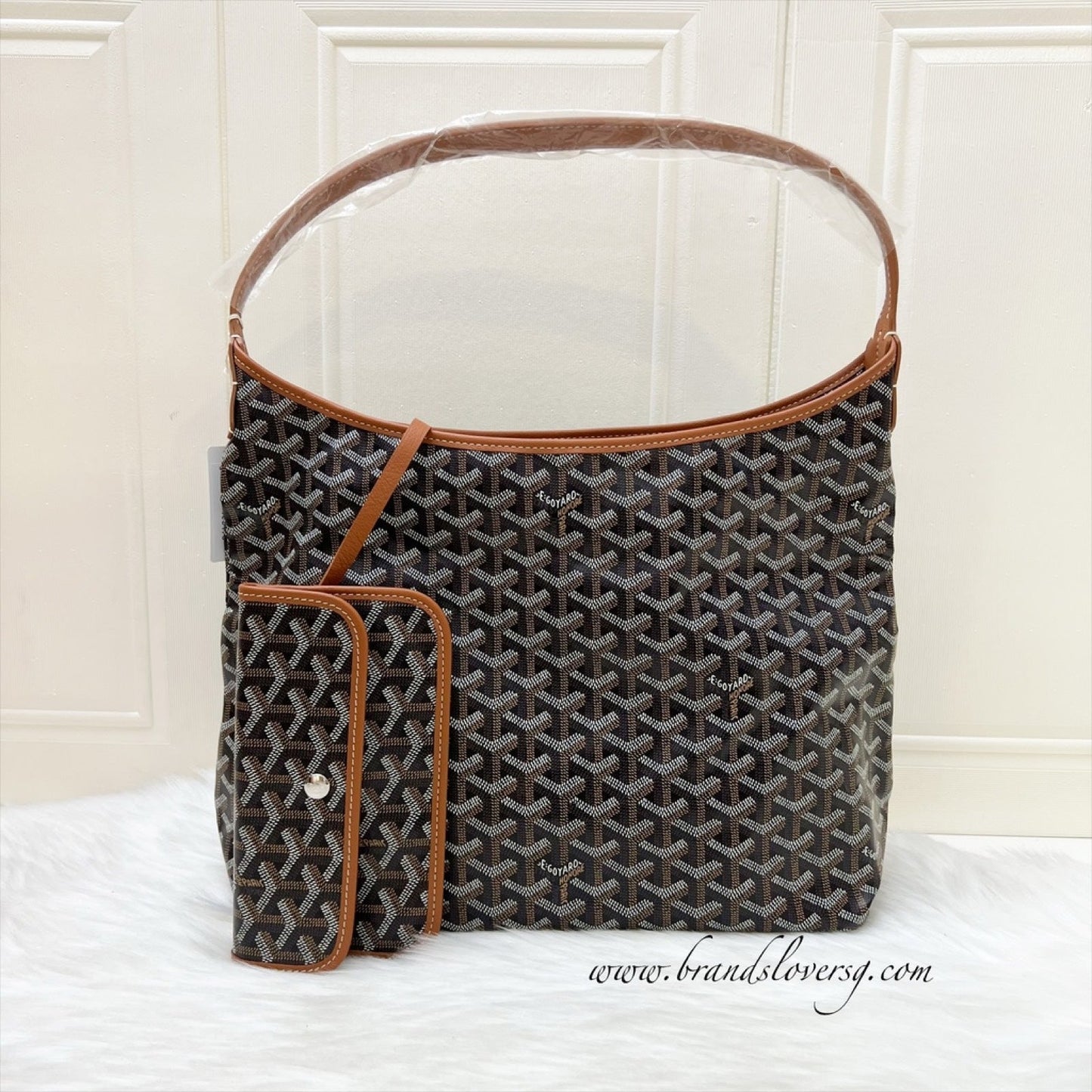 Goyard Boheme PM Hobo Bag in in Black Signature Goyardine Canvas and Brown Trim