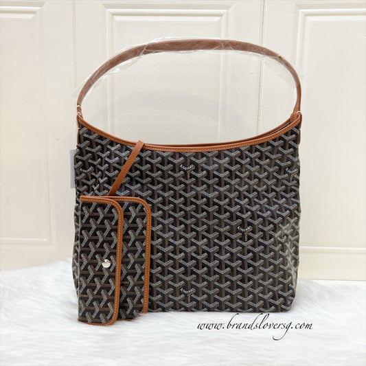 Goyard Boheme PM Hobo Bag in in Black Signature Goyardine Canvas and Brown Trim