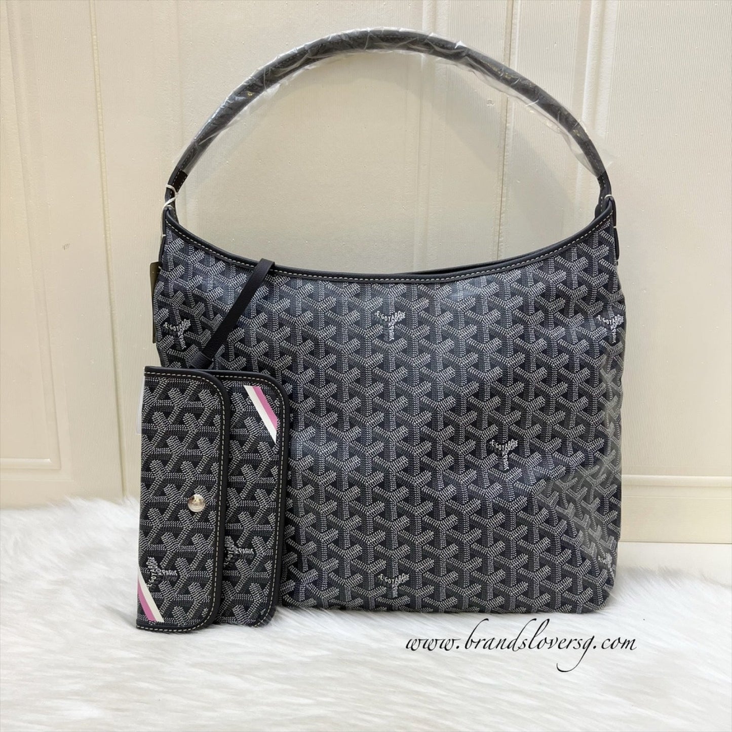 Goyard Boheme PM Hobo Bag in in Grey Signature Goyardine Canvas with Pink / White Striped Stamp (Premarquage Bandes) on the Small Pouch