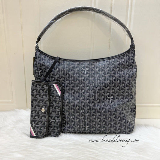 Goyard Boheme PM Hobo Bag in in Grey Signature Goyardine Canvas with Pink / White Striped Stamp (Premarquage Bandes) on the Small Pouch