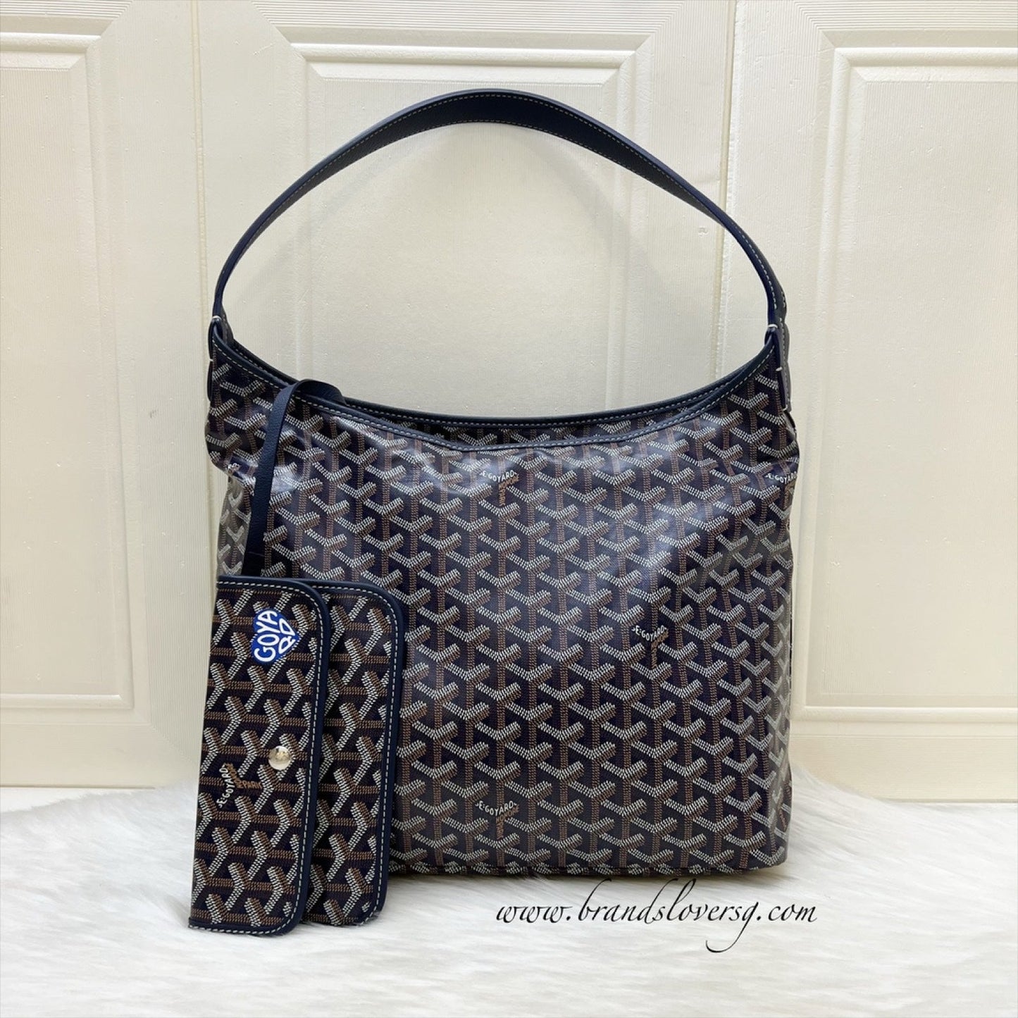Goyard Boheme PM Hobo Bag in Bleu Marine Signature Goyardine Canvas with a Blue Heart Stamp on Pouch
