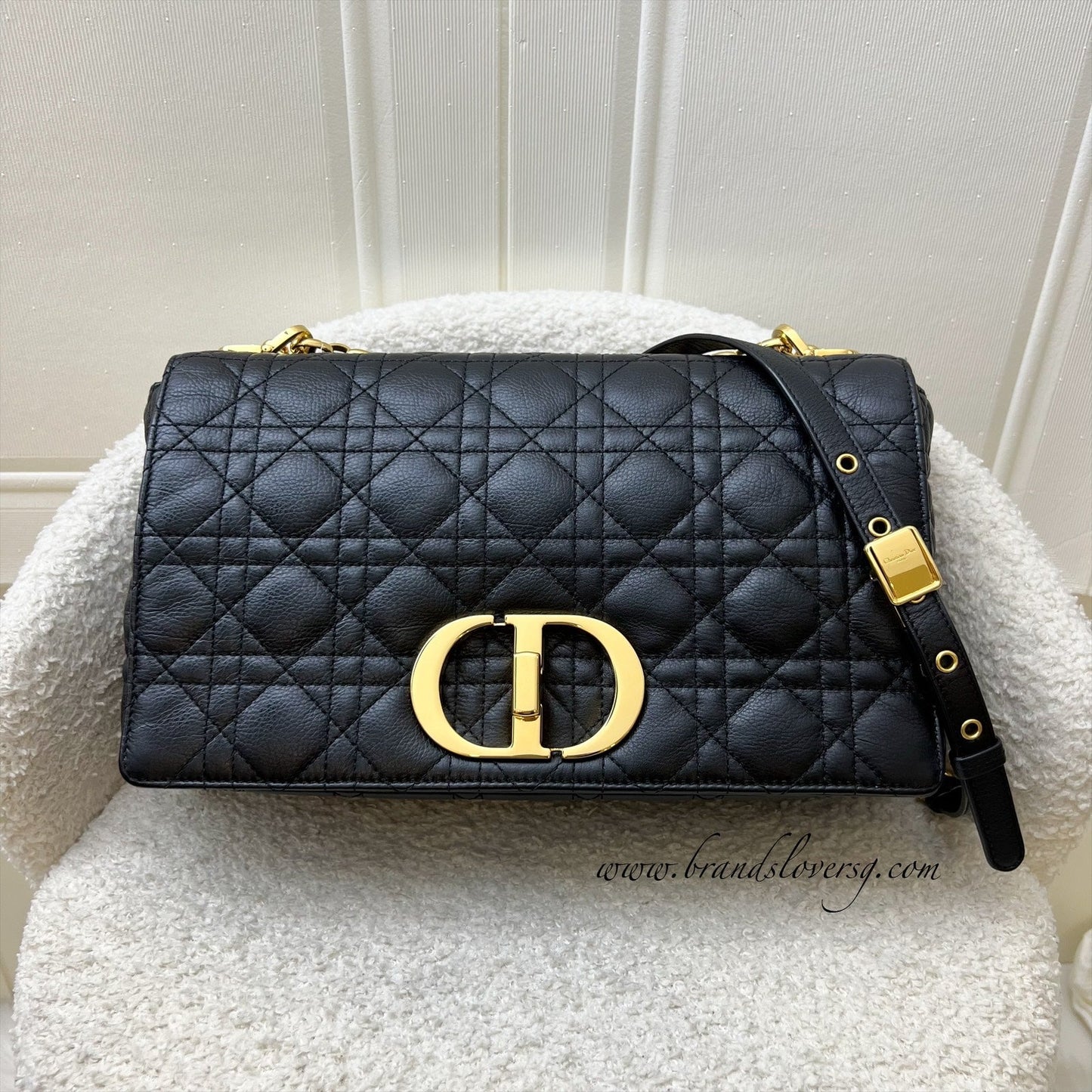 Dior Large Caro Flap Bag in Black Grained Calfskin and GHW