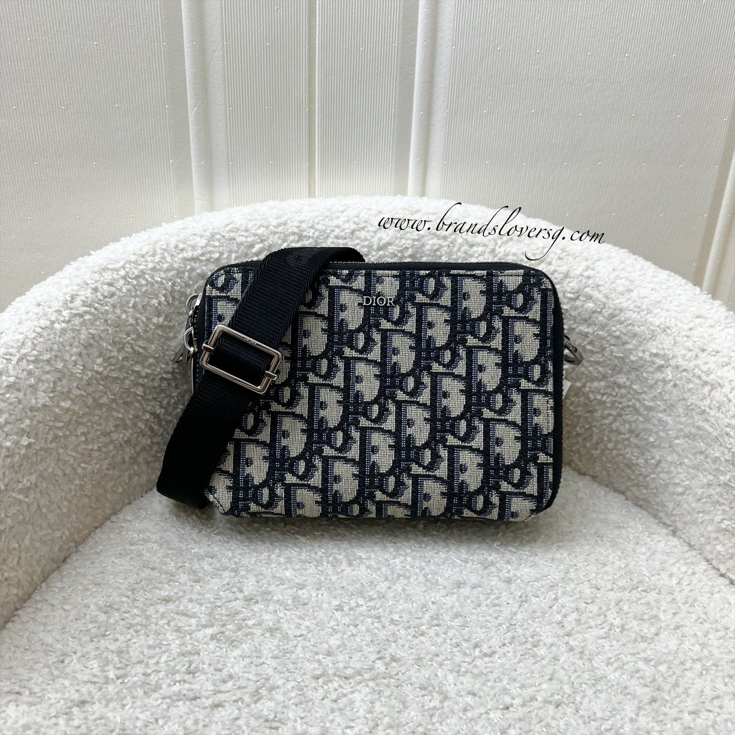 Dior Zipped Pouch with Strap in Oblique Canvas and Ruthenium-finish Brass Hardware