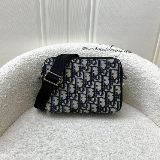 Dior Zipped Pouch with Strap in Oblique Canvas and Ruthenium-finish Brass Hardware