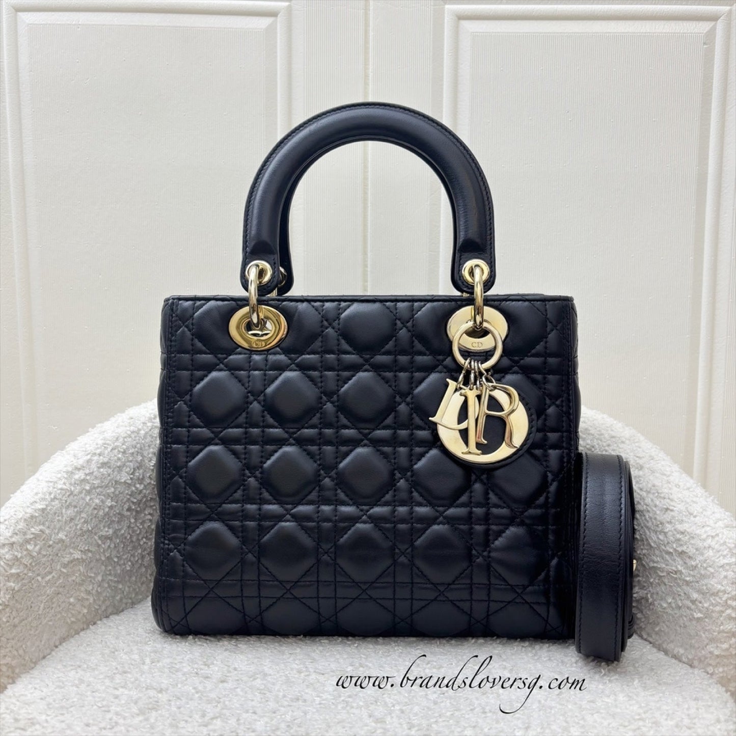 Dior Medium Lady Dior in Black Lambskin and LGHW (New Version with Adjustable Strap)