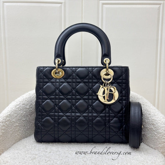 Dior Medium Lady Dior in Black Lambskin and LGHW (New Version with Adjustable Strap)