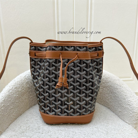 Goyard Petit Flot PM Bucket Bag in Black Goyardine Canvas with Brown Trimming and Strap