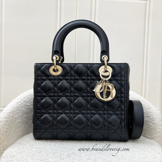 Dior Medium Lady Dior in Black Lambskin and LGHW (New Flap Closure) (Includes Mitzah)